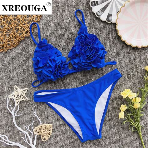 Xreouga Sexy Brazilian Cut Petal Bikini Set Push Up Blue Swimsuit Thin