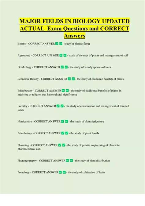 MAJOR FIELDS IN BIOLOGY UPDATED ACTUAL Exam Questions and CORRECT