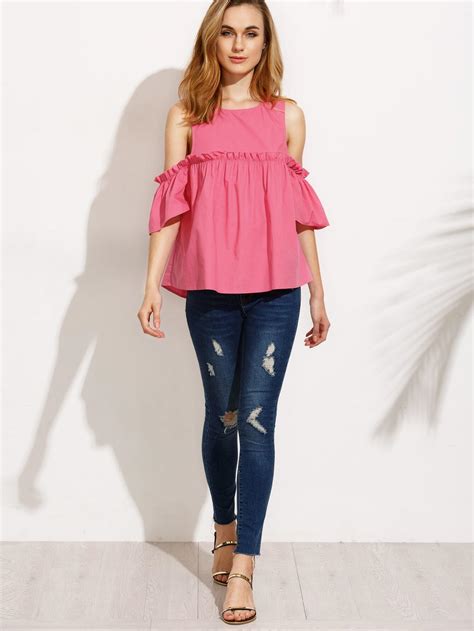 Hot Pink Ruffle Cold Shoulder Blouse SheIn Sheinside