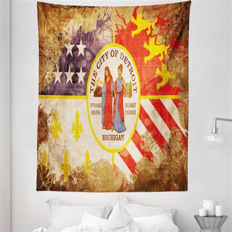Detroit Tapestry, Antique Detroit Flag with Floral Swirls Grungy Look
