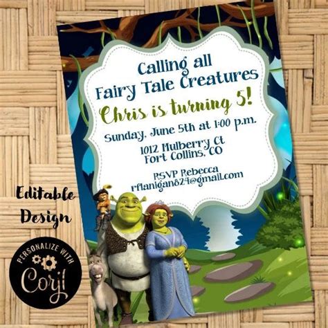 Editable Shrek Fiona Donkey Birthday Invitation Printable Etsy