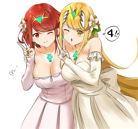 Pyra and Mythra celebrate 4th anniversary with wedding outfits for Rex ...