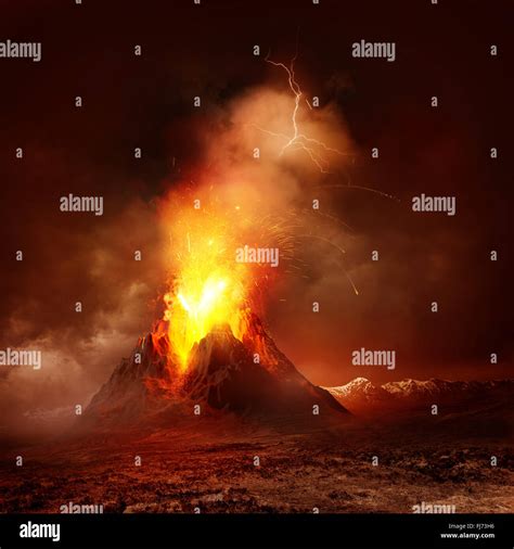 Volcano Eruption A Large Volcano Erupting Hot Lava And Gases Into The