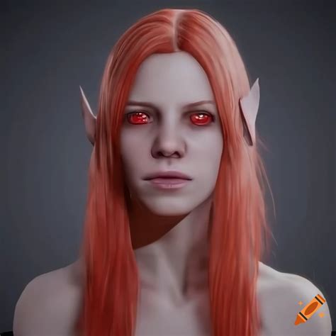 Pale White Skinned Elf Girl With Red Hair And Eyes On A Grey Background