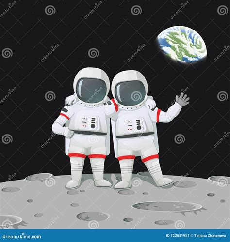 Two Astronauts With Hands On Shoulders Standing On The Moon Surface