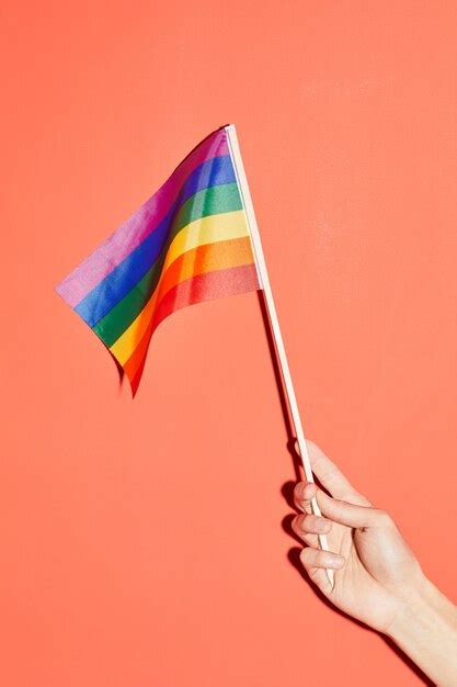 자부심의 달 Lgbtq의 상징으로 분홍색 배경에 무지개 깃발을 들고 있는 여성 손의 생생한 샷 프리미엄 사진