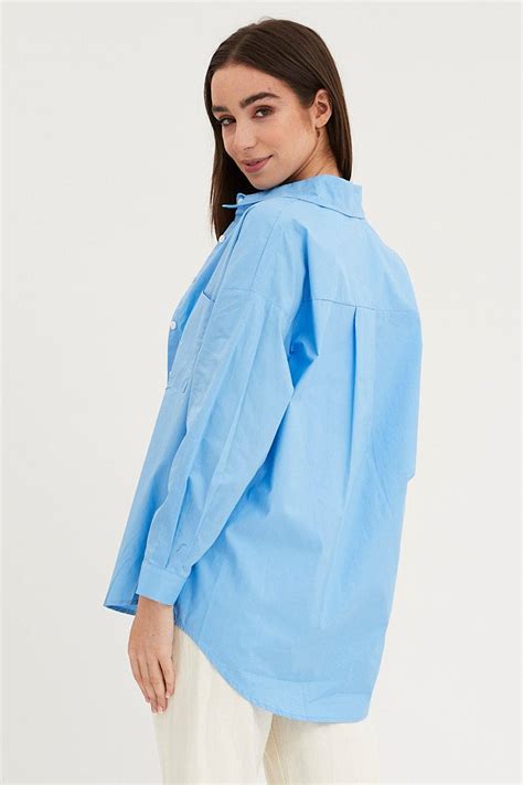 Womens Blue Relaxed Shirts Long Sleeve Button Up Ally Fashion