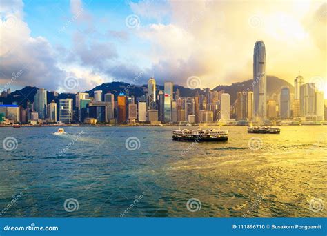 Hong Kong Skyline At Sunset Over Victoria Harbour Stock Photo Image