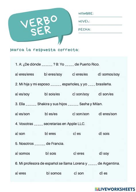 A Spanish Verbo Ser Worksheet With An Image Of A Speech Bubble Above It