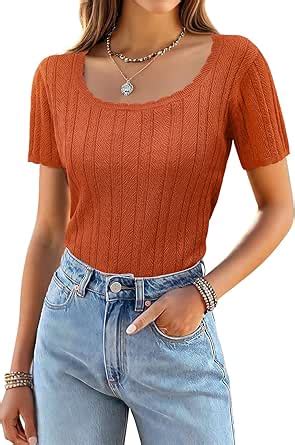 Arach&Cloz 2024 Summer Womens Trendy Square Neck Sweater Short Sleeve T ...