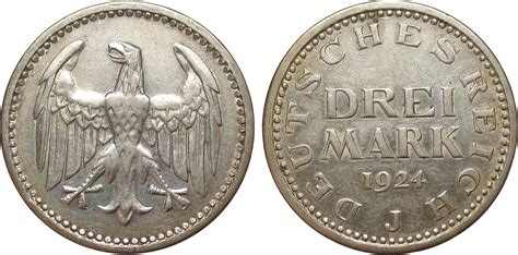 Weimarer Republik 3 Mark Kursmünze 1924 J sehr schön MA Shops