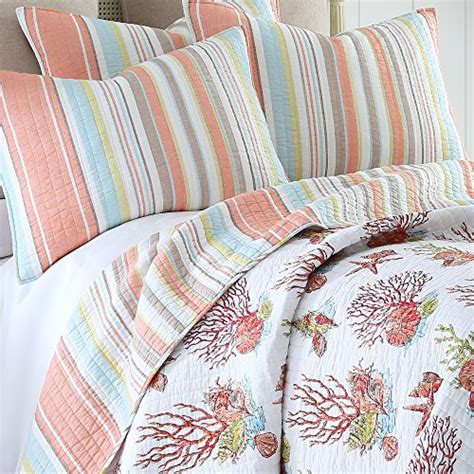 Levtex Home Brighton Coral King Cotton Quilt Set Stripe Coastal