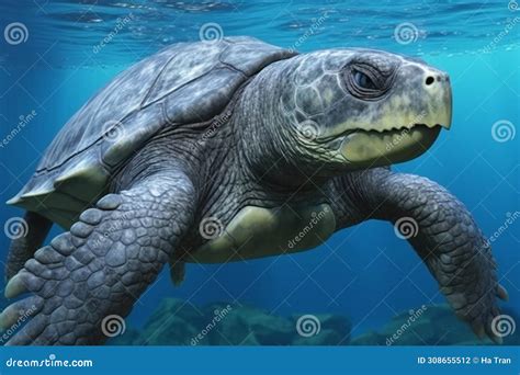 Sea Turtle Swimming Underwater In Deep Blue Ocean Stock Illustration