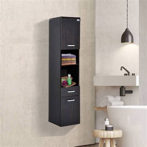 Bathroom Wall Tall Narrow Storage Mount 2 Door Drawer Dark