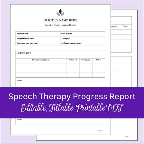 Speech Therapy Progress Report Template Editable Fillable Printable