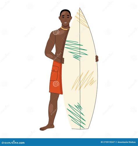 Black Guy In A Swimsuit Holds A Surfboard In His Hands Stock Vector