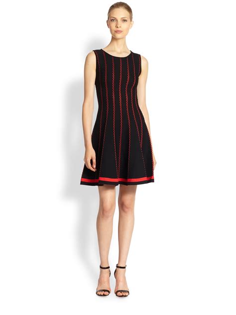 Rvn Vertical Stripe Knit Jacquard Dress In Red Lyst