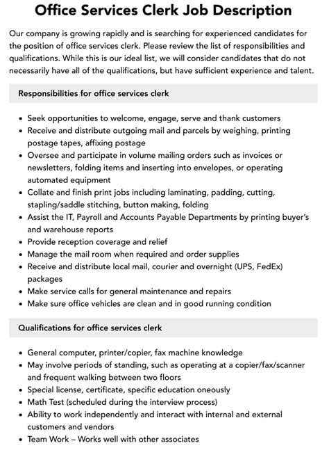 Office Services Clerk Job Description Velvet Jobs