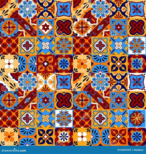 Mexican Stylized Talavera Tiles Seamless Pattern In Blue Red And Yellow