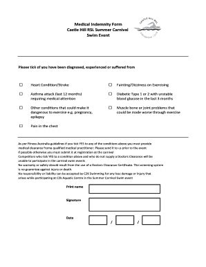 Fillable Online Medical Indemnity Form Castle Hill Rsl Summer Carnival