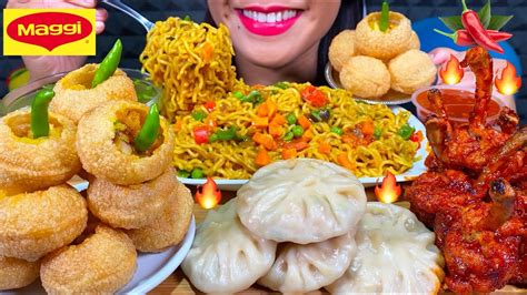 ASMR MAGGI MASALA NOODLES SPICY PANI PURI VEG MOMO CHICKEN LOLLIPOP