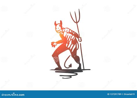 Halloween Monster Devil Scary Pitchfork Concept Hand Drawn