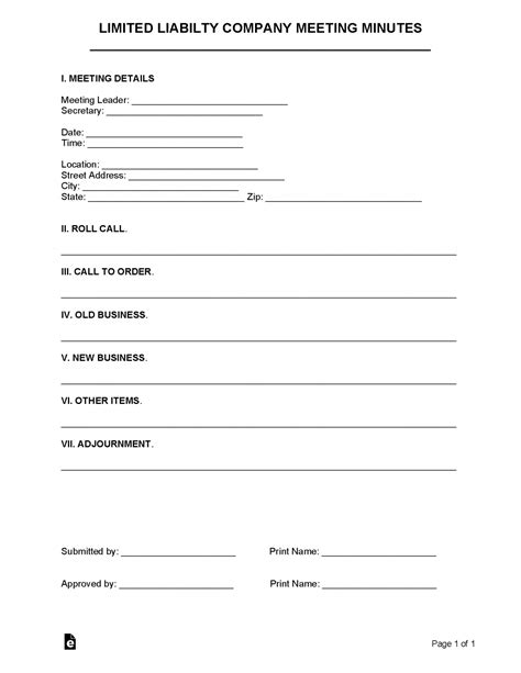 Free Llc Meeting Minutes Template Pdf Word Eforms