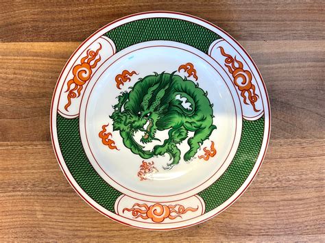 Set Of Six Vintage Chinoiserie Fitz Floyd Dragon Crest Green Bread