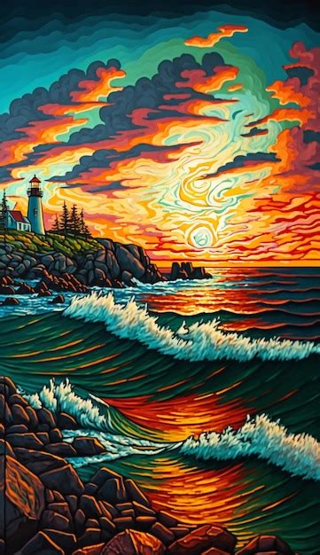 Premium AI Image A Painting Of A Lighthouse With The Sun Setting