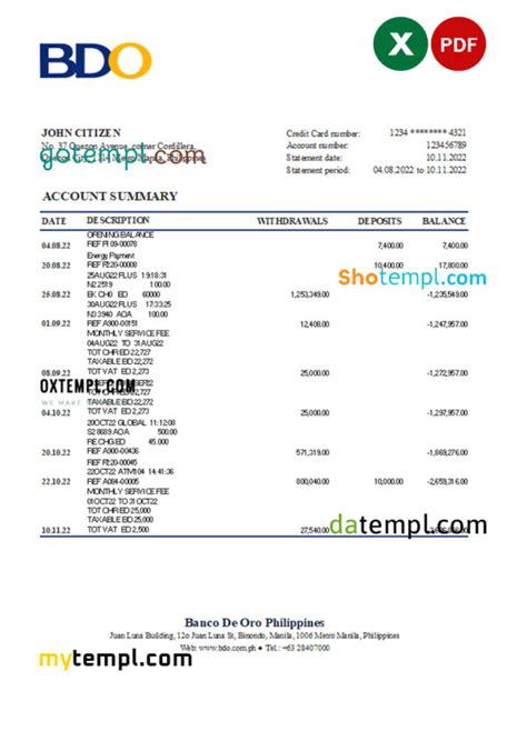 Philippines BDO Bank Statement Excel And PDF Template Templ Cc