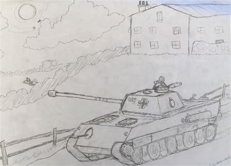 Pencil sketch of a Panther tank resting in a road near Normandy, 1944 ...