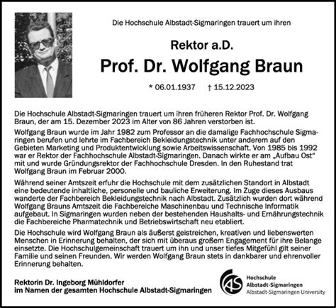 Traueranzeigen Von Wolfgang Braun Schwaebische De Trauerportal