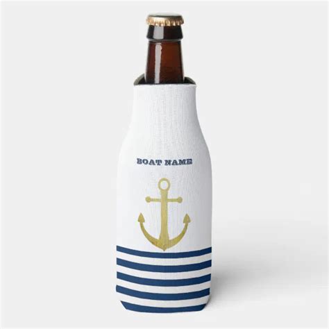 Nautical Boat Name Gold Anchor Navy Blue Striped Bottle Cooler Zazzle