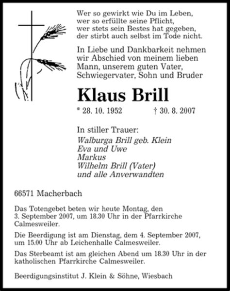 Traueranzeigen Von Klaus Brill Saarbruecker Zeitung Trauer De