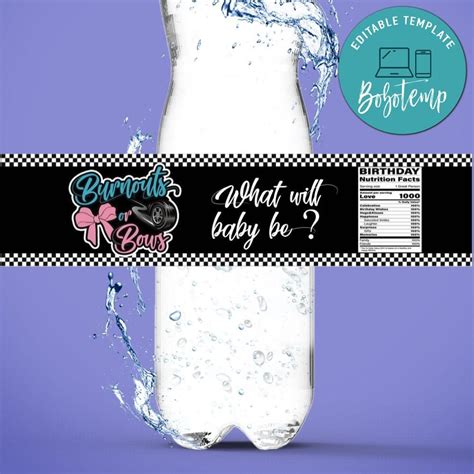 Burnouts Or Bows Gender Reveal Water Bottle Label Template Diy