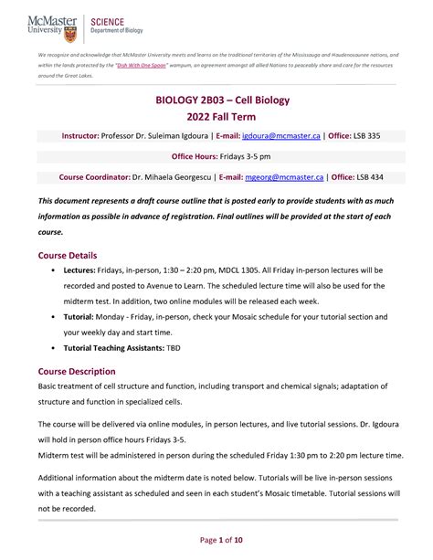 Bio 2B03 Course Outline We Recognize And Acknowledge That McMaster