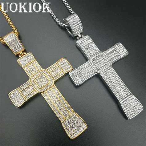 Hip Hop Iced Out Big Cross Pendant Necklace For Men Gold Color