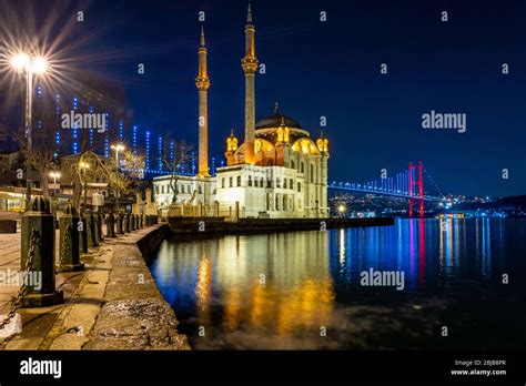 Istanbul Landscape At Night Ortakoy Mosque And Bosphorus Bridge Stock