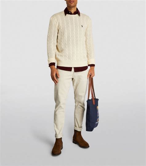 Mens Polo Ralph Lauren Neutral Wool Cable Knit Sweater Harrods Uk