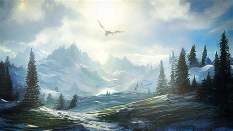 Wallpaper Dragon Mountains Snow Fantasy Landscape Art Hd