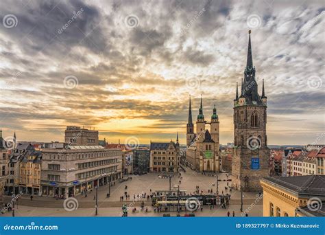 Halle Market Square In Halle Germany And Dramatic Sunset Editorial