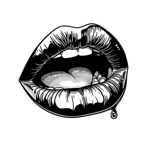 Dibujo blanco y negro labios sensuales abiertos ilustración ligeramente