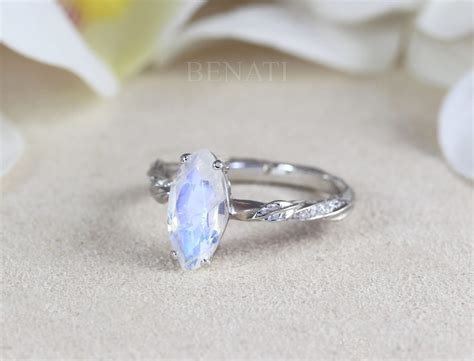 Unique Moonstone Engagement ring, Marquise cut rainbow moonstone ...