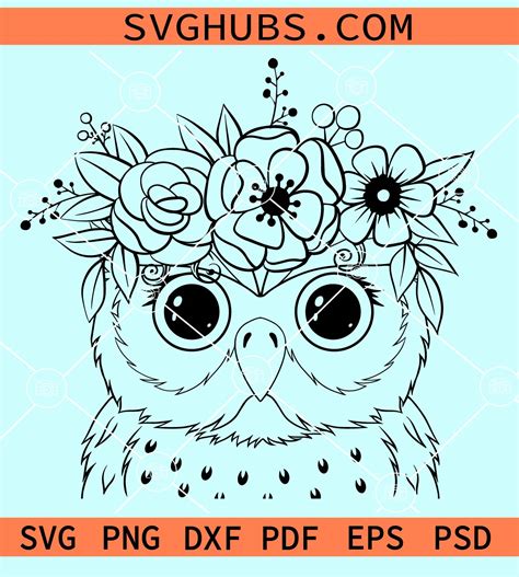 Owl With Floral Crown Svg Owl With Flowers Svg Flower Owl Svg Floral