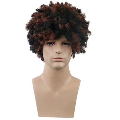 Mens Short Afro Curly Synthetic Hair Capless Wigs Blackandbrown Mixed