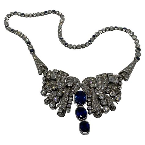 Art Deco Vintage Pearl Sapphire Diamond Rock Crystal Necklace At