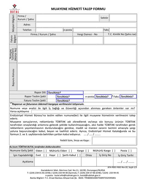 Fillable Online Butal Tubitak Gov Muayene Hzmet Talep Formu