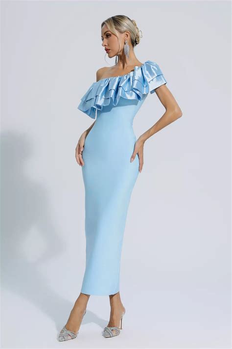 Emerie Blue One Shoulder Ruffles Bandage Dress