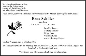 Traueranzeigen Von Erna Schiller Vrm Trauer De