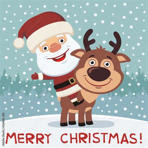 Merry Christmas! Funny Santa Claus riding on reindeer Rudolf. Christmas card in cartoon style ...